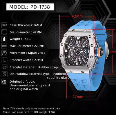 Pagani Design PD-1738 Männer Quarz VH65 Movt Skelett Zifferblatt Saphirglas Uhr