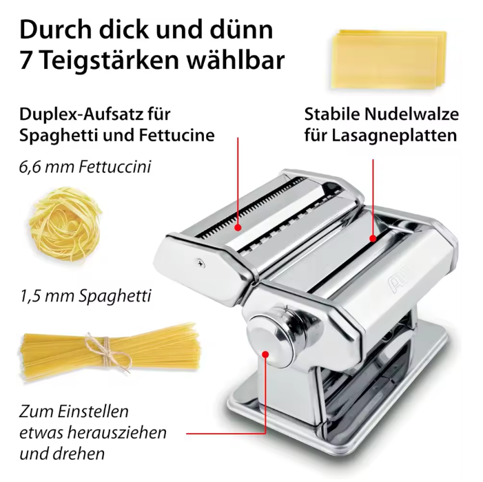 Nudelmaschine manuell Edelstahl Spaghetti Fettucine mit Walze 7 Nudelstärken