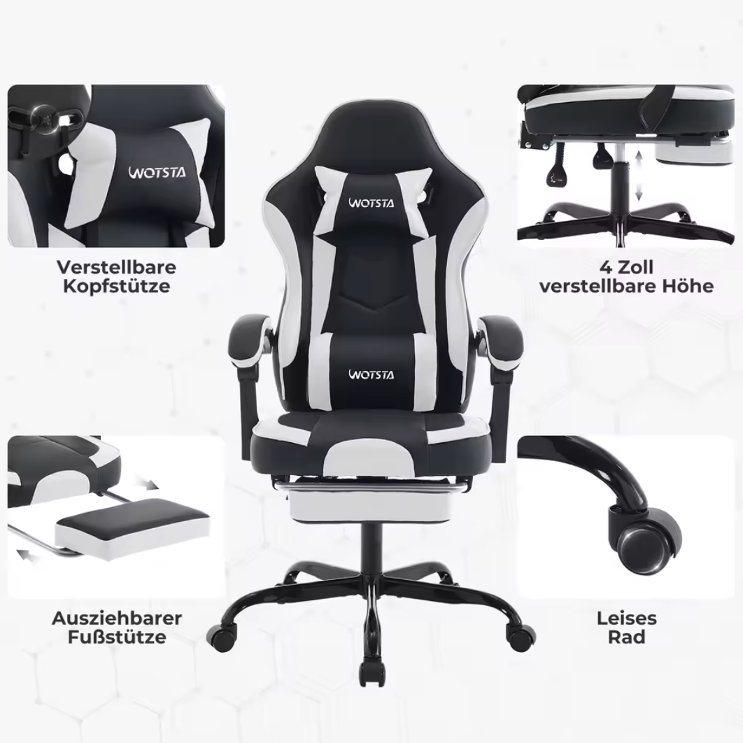 Gamingstuhl Bürostuhl Schreibtischstuhl mit Lendenkissen Lederimitat Ergonomisch