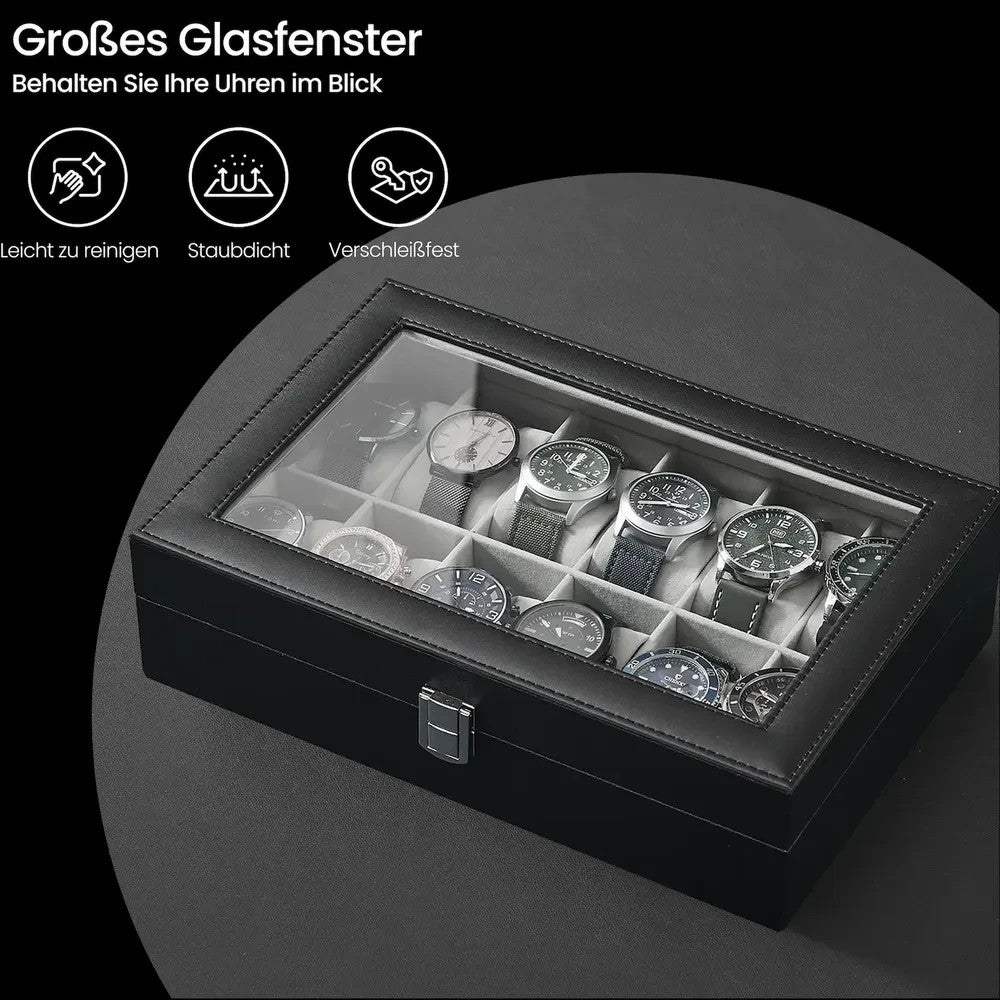 Songmics Uhrenbox 12 Uhren Uhrenkoffer Uhrentruhe Schatulle Glas Uhrenkasten