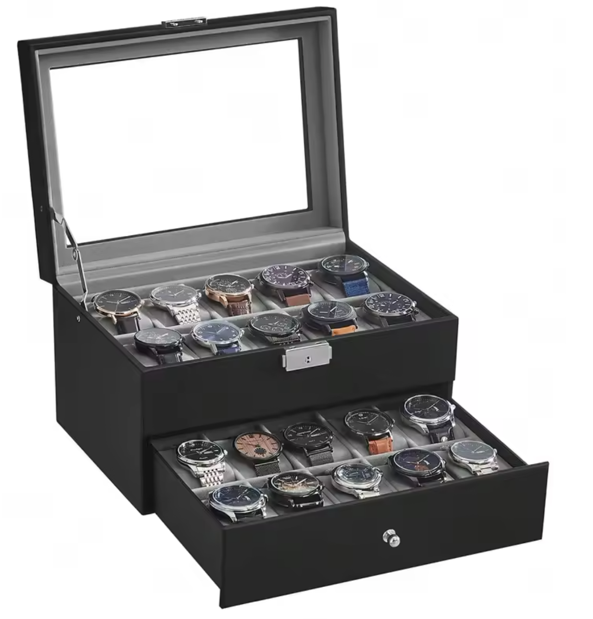 Songmics Uhrenbox 20 Uhren 2 Ebenen Schublade Uhrenkoffer Uhrentruhe Uhrenkasten