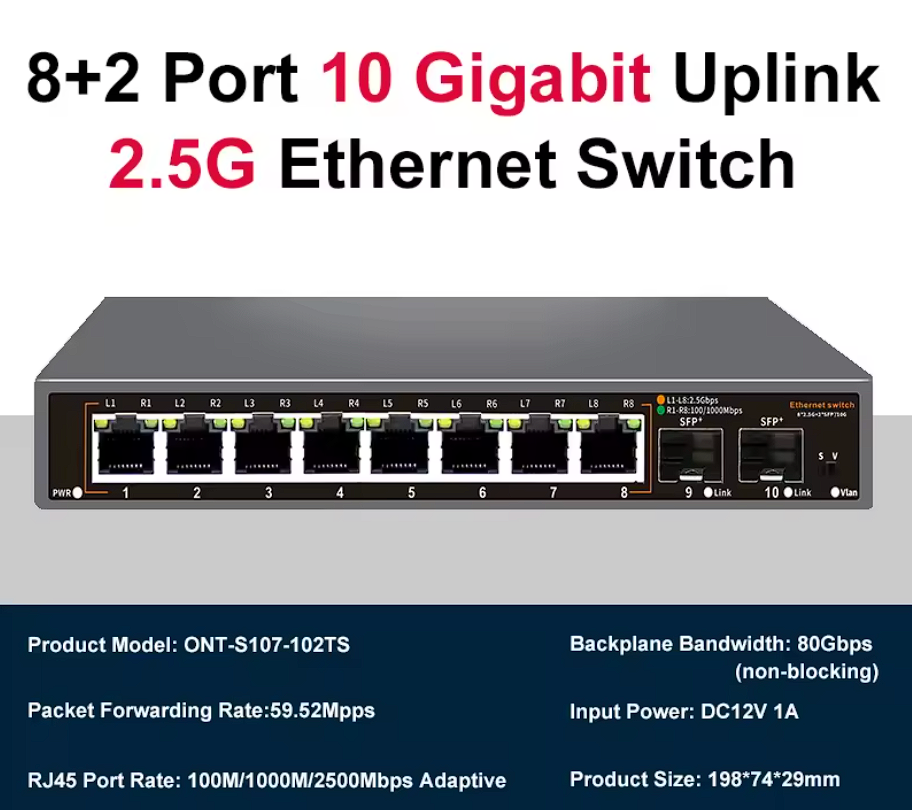 2,5G 10 Port Netzwerk Switch 2,5G 10G SFP+ Port Unmanaged Plug and Play
