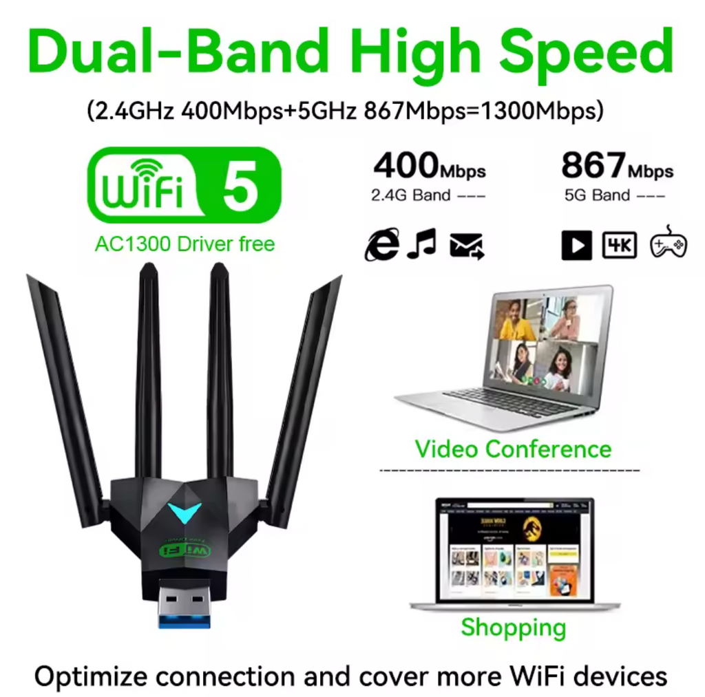 Dualband AC 1300Mbps WLAN Stick 2.4GHz / 5GHz WIFI USB Dongle USB 3.0 4 Antennen