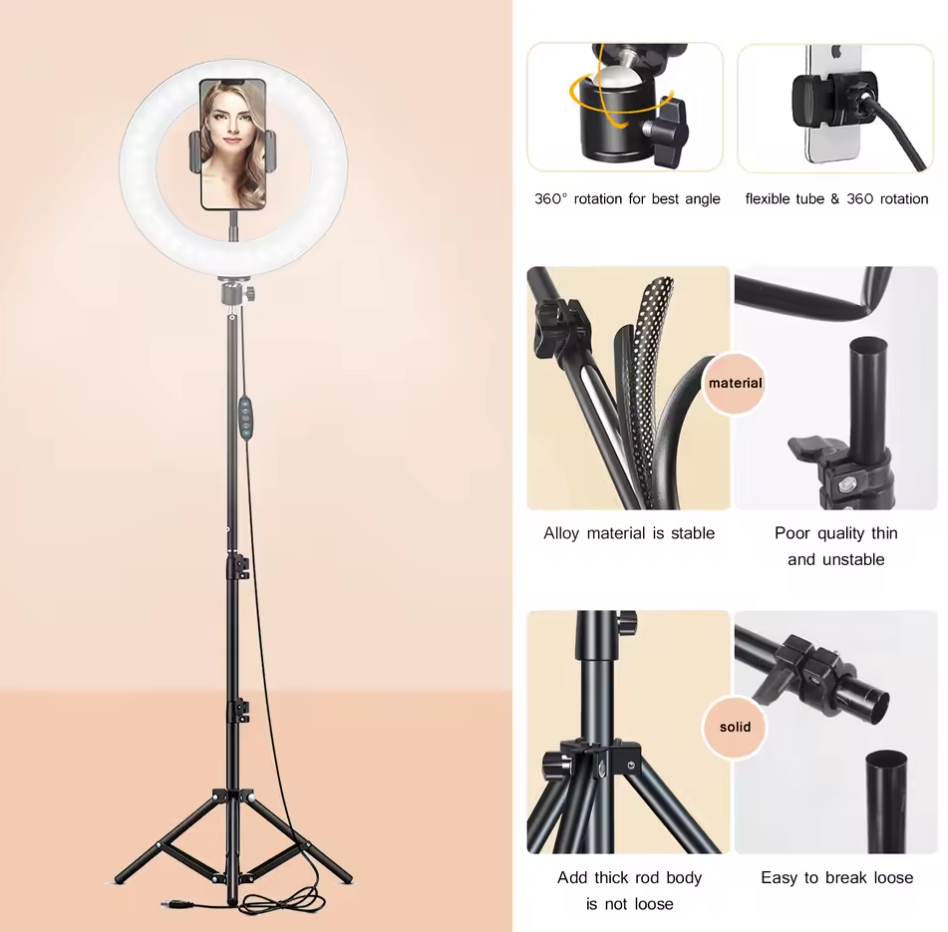 10" LED Ringlicht mit Stativ Handyhalterung Ringleuchte LED Selfie Lampe Dimmbar