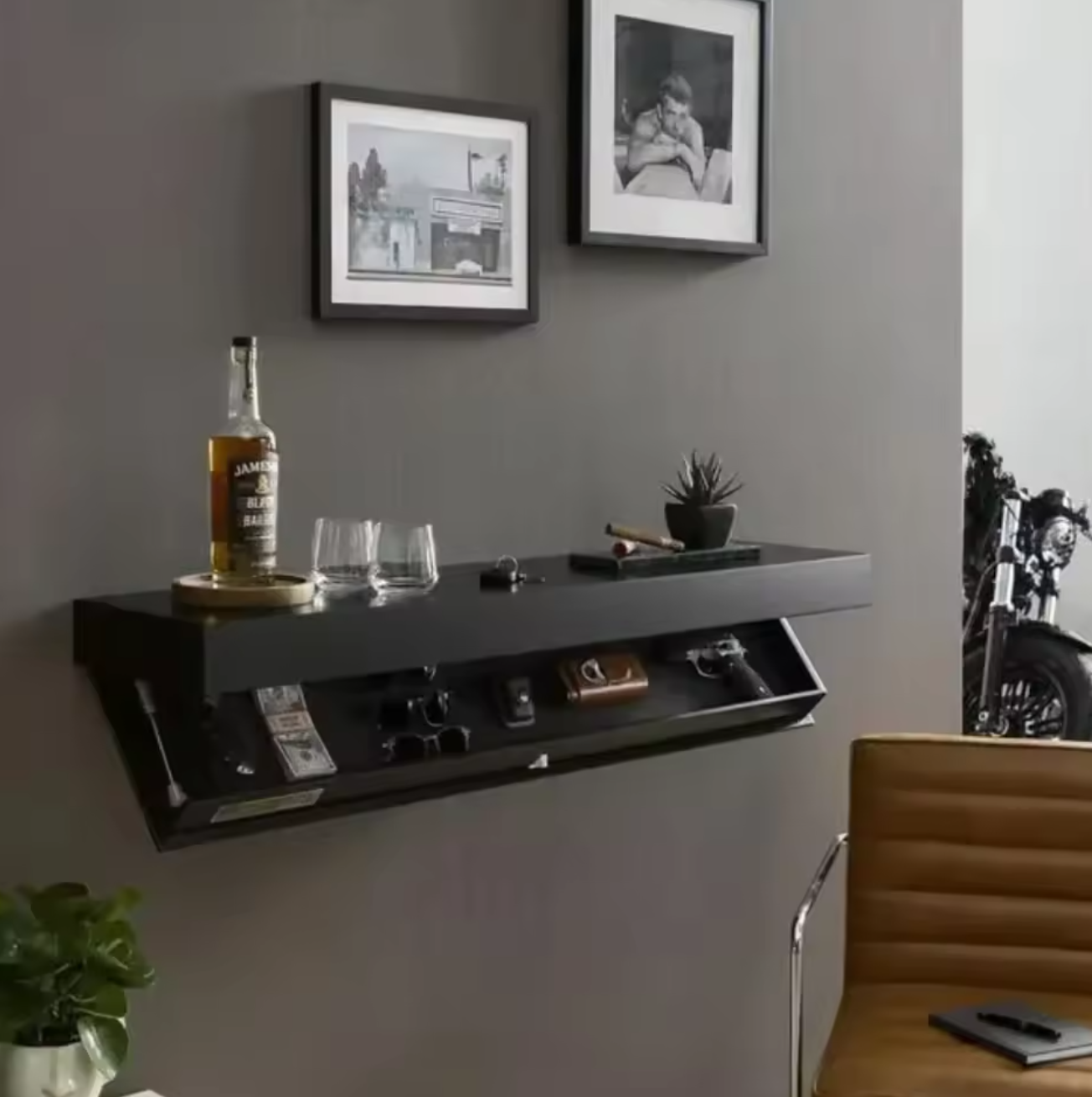 Wandmontiertes Regal mit Geheimfach Ausziehbare Schublade Holz Wandregal
