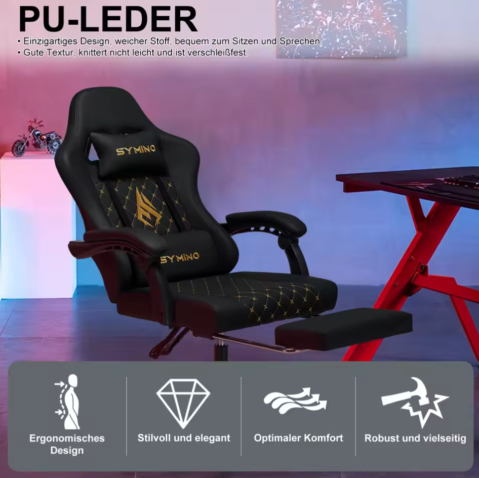 Gamingstuhl mit Fußstütze Bürostuhl Schreibtischstuhl Lederimitat Ergonomisch