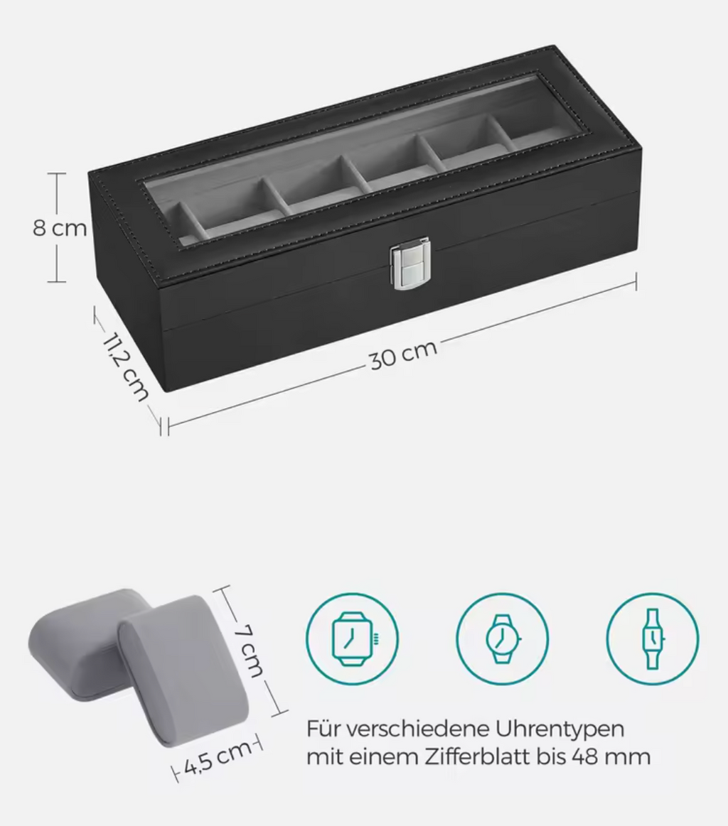 Uhrenbox 6 Uhren Uhrenkoffer Uhrentruhe Songmics Schatulle Glas Uhrenkasten
