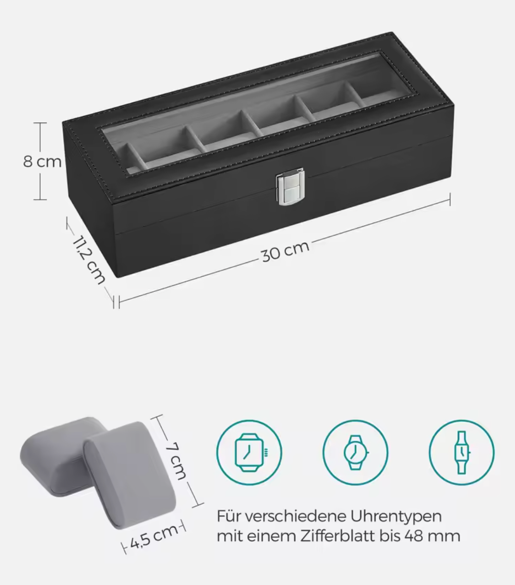 Uhrenbox 6 Uhren Uhrenkoffer Uhrentruhe Songmics Schatulle Glas Uhrenkasten