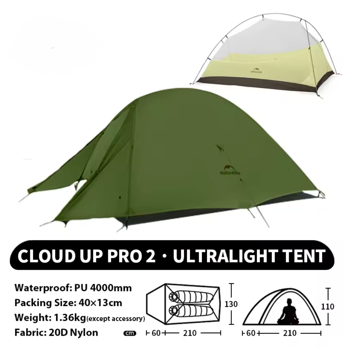 Naturehike Cloud Up 2-Personen-Zelt Doppelzelt Campingzelt Ultraleicht Kompakt
