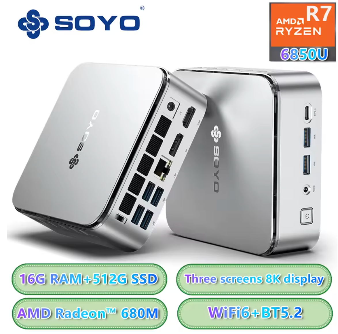 Soyo S4 Air Mini PC AMD Ryzen 7 6850U 16GB RAM DDR5  512GB M.2 SSD NVME Win11
