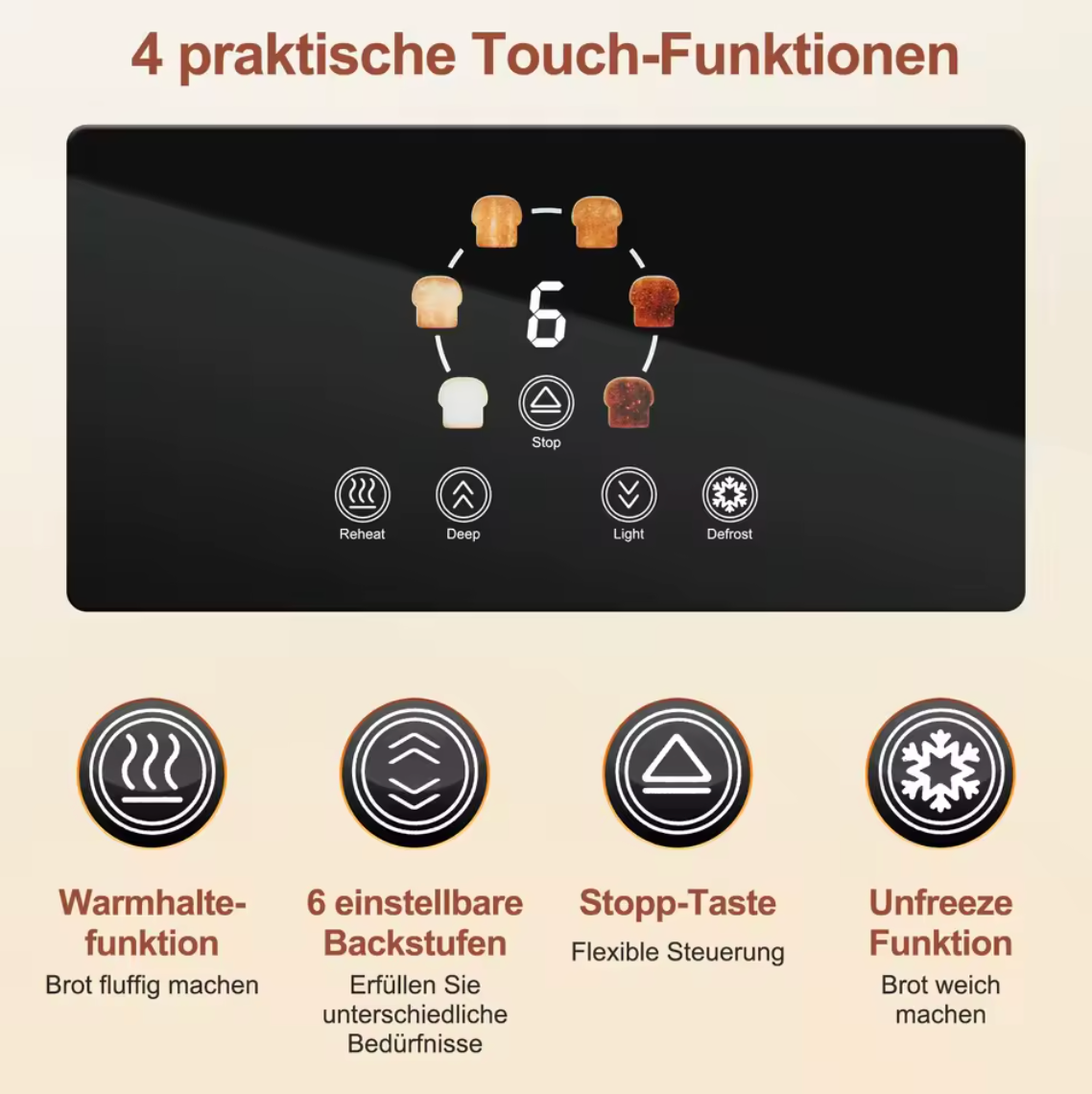 Digitaler Toaster 4 Scheiben mit Display Brötchenaufsatz Langsschlitz Edelstahl