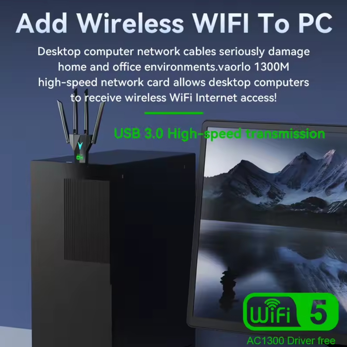 Dualband AC 1300Mbps WLAN Stick 2.4GHz / 5GHz WIFI USB Dongle USB 3.0 4 Antennen