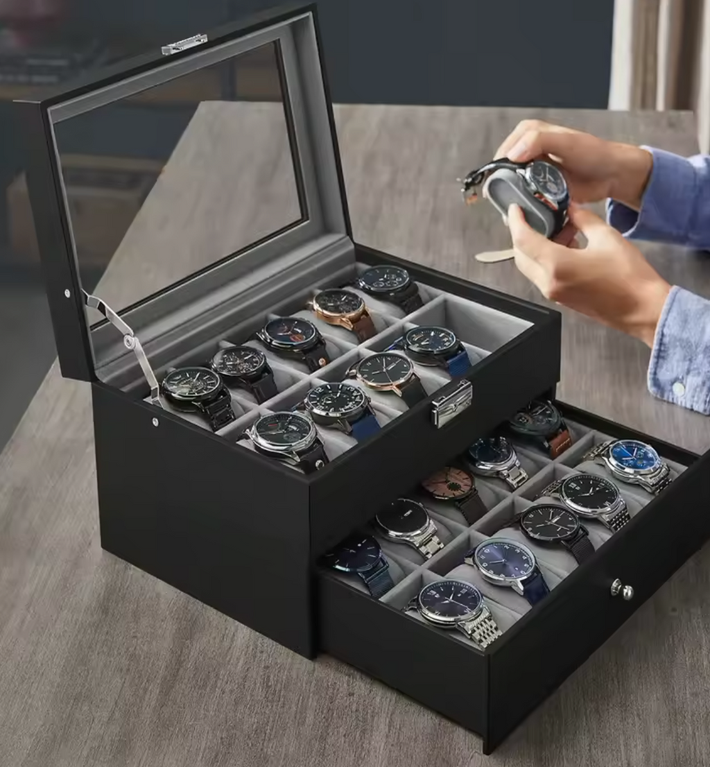 Songmics Uhrenbox 20 Uhren 2 Ebenen Schublade Uhrenkoffer Uhrentruhe Uhrenkasten