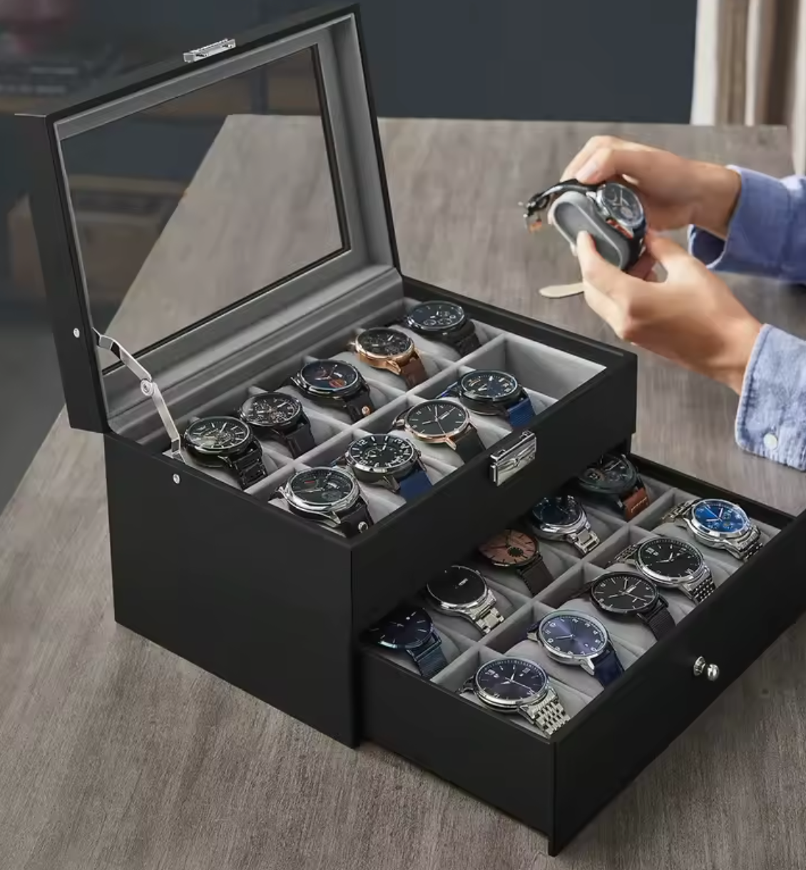 Songmics Uhrenbox 20 Uhren 2 Ebenen Schublade Uhrenkoffer Uhrentruhe Uhrenkasten