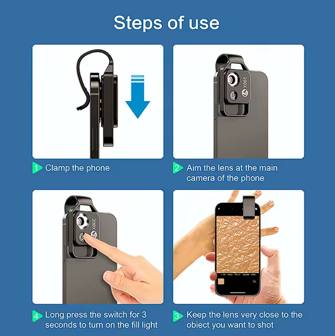200X Mini Handy Lupe Digitales Mikroskop für Smartphone-Kamera Clip mit LED