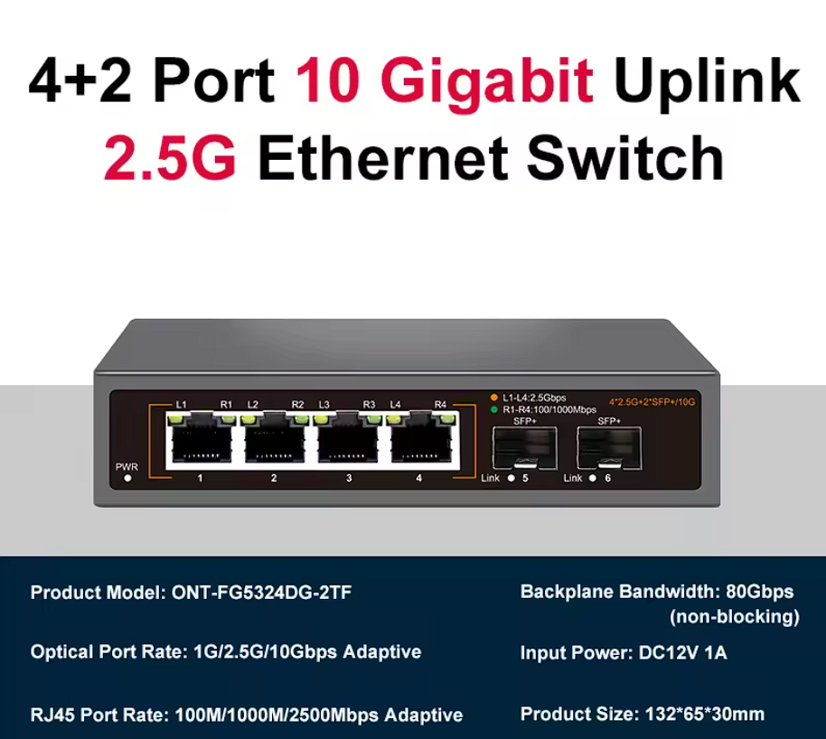 2,5G 6 Port Netzwerk Switch 2,5G 10G SFP+ Port Unmanaged Plug and Play
