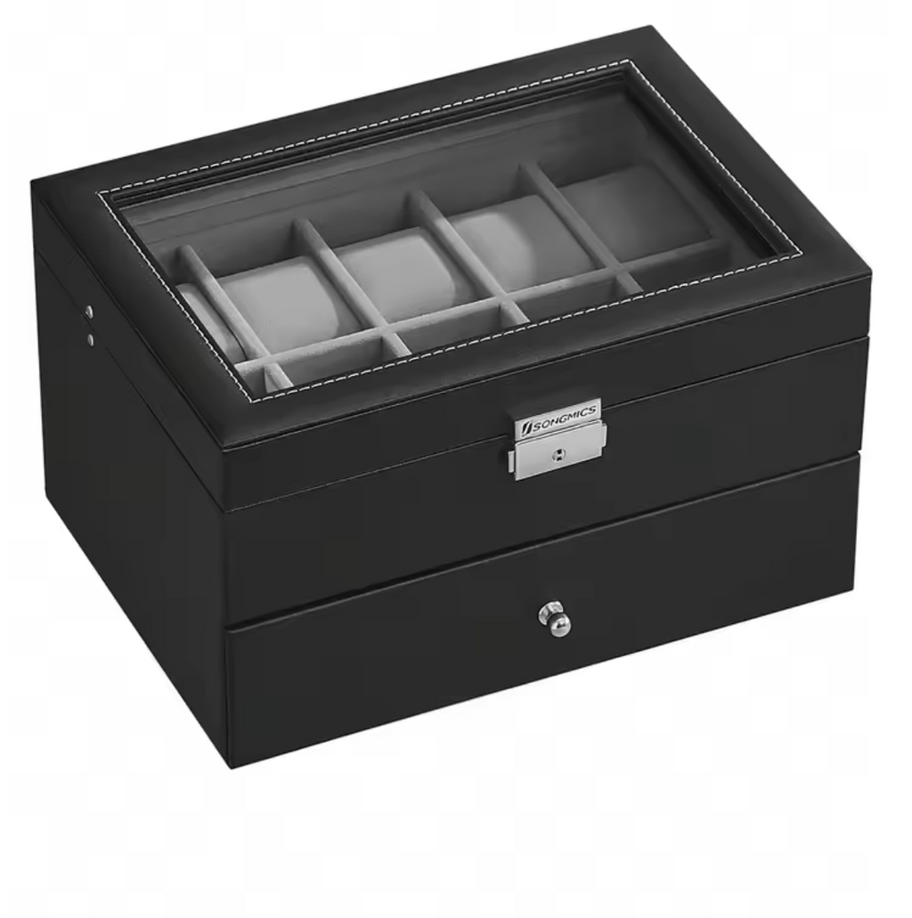 Songmics Uhrenbox 20 Uhren 2 Ebenen Schublade Uhrenkoffer Uhrentruhe Uhrenkasten