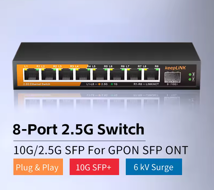 8-Port 2.5Gbit/s Netzwerk Switch mit 1x 10Gbit/s SFP+ Unmanaged Plug and Play