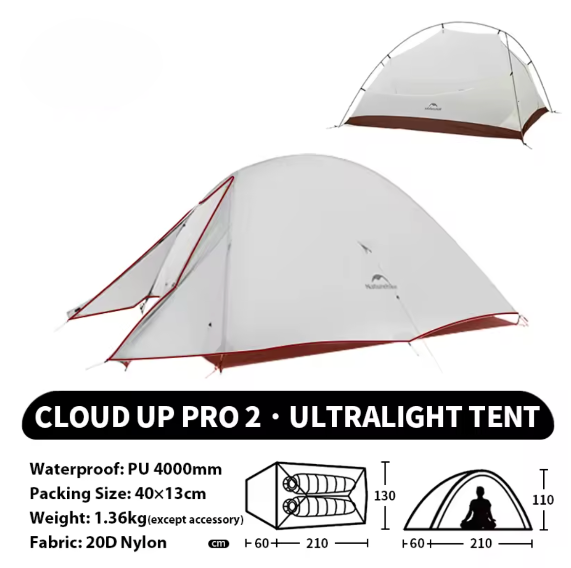 Naturehike Cloud Up 2-Personen-Zelt Doppelzelt Campingzelt Ultraleicht Kompakt