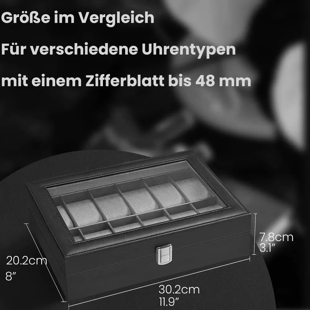 Songmics Uhrenbox 12 Uhren Uhrenkoffer Uhrentruhe Schatulle Glas Uhrenkasten