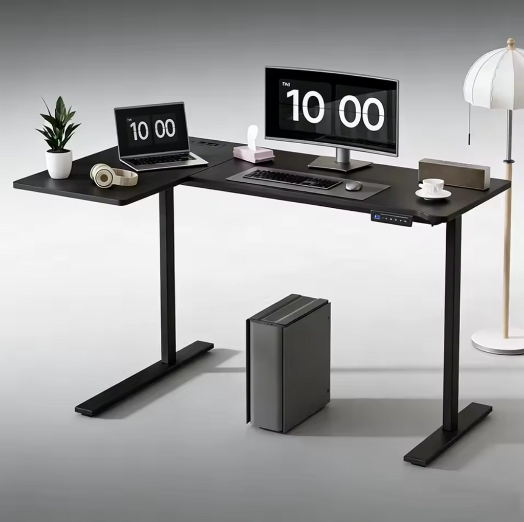 Höhenverstellbarer Eck Schreibtisch Tisch L-Form mit Steckdosen Cupholder