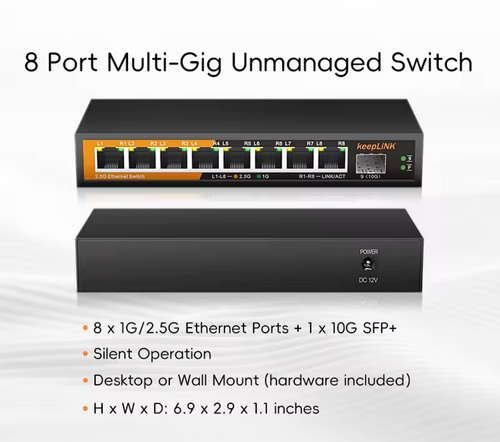 8-Port 2.5Gbit/s Netzwerk Switch mit 1x 10Gbit/s SFP+ Unmanaged Plug and Play