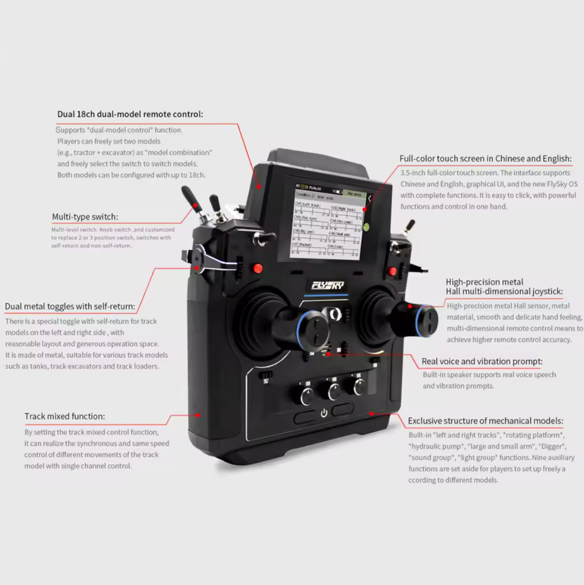Flysky Paladin EV PL18 18 Kanal Fernbedienung 18CH Sender 4D Hall Effect Gimbal