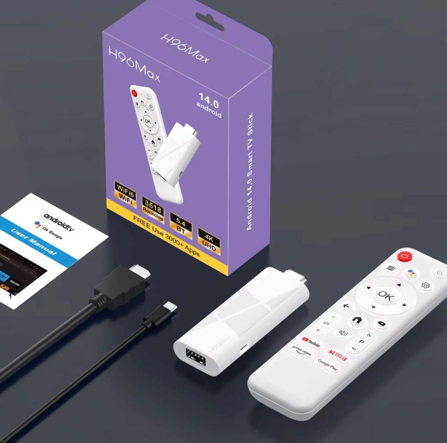 H96 Max 4K Ultra HD Smart TV Stick Mediaplayer 16 GB Android 14  BT5.4 Wifi 6