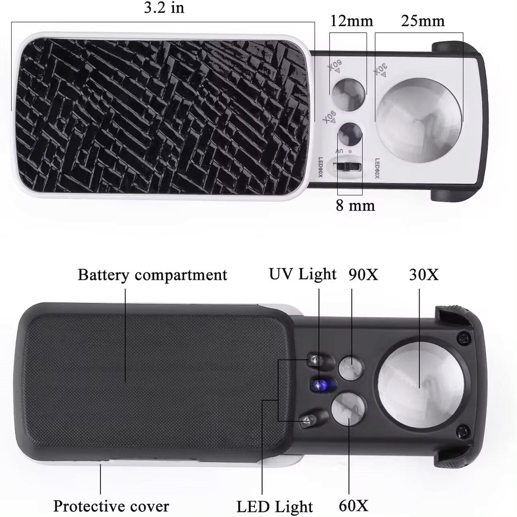 90x 60x 30x Juwelierlupe Taschenlupe Vergrößerungsglas mit LED Lupe mit UV-Licht
