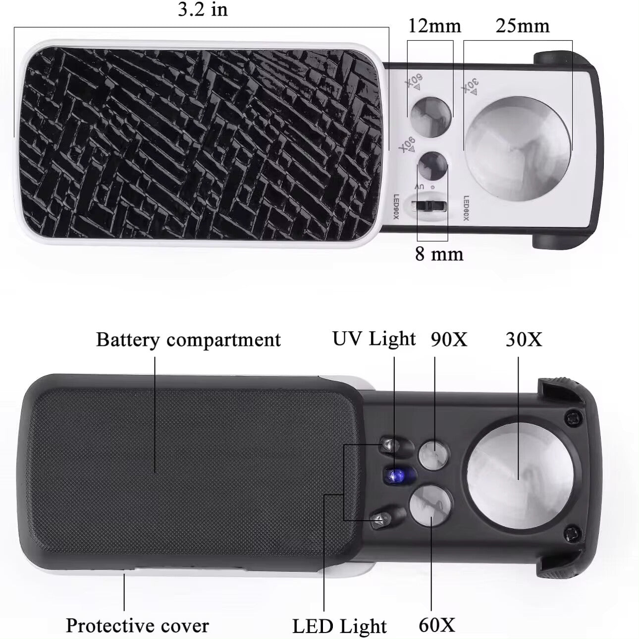 90x 60x 30x Juwelierlupe Taschenlupe Vergrößerungsglas mit LED Lupe mit UV-Licht