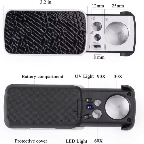 90x 60x 30x Juwelierlupe Taschenlupe Vergrößerungsglas mit LED Lupe mit UV-Licht