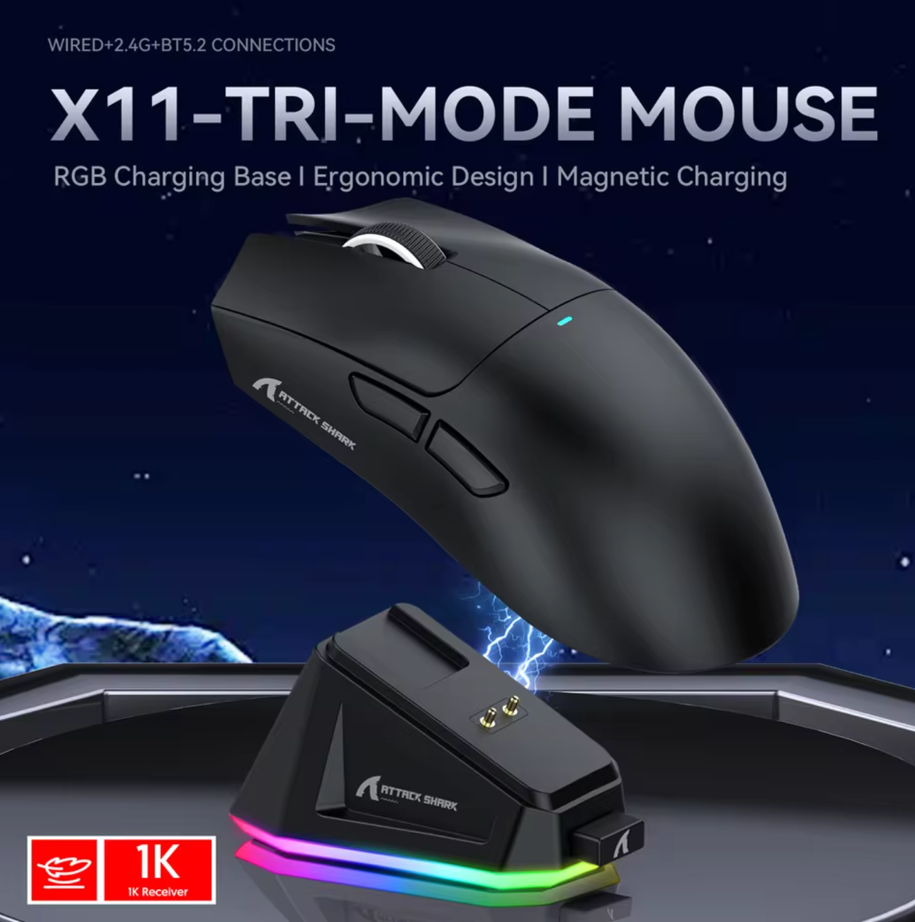 Attack Shark X11 Tri-Mode Gaming Maus mit magnetischer Ladestation Kabellos