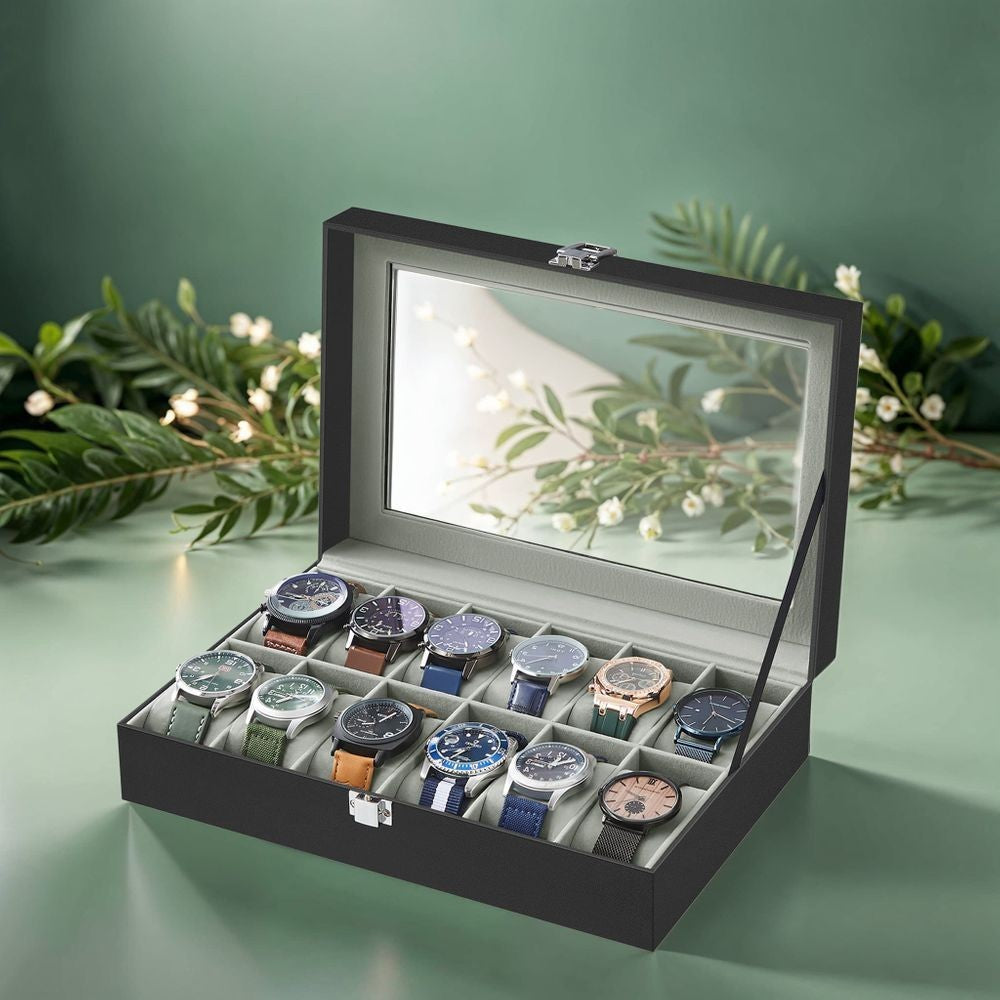Songmics Uhrenbox 12 Uhren Uhrenkoffer Uhrentruhe Schatulle Glas Uhrenkasten