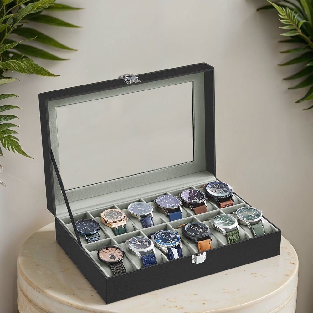 Songmics Uhrenbox 12 Uhren Uhrenkoffer Uhrentruhe Schatulle Glas Uhrenkasten