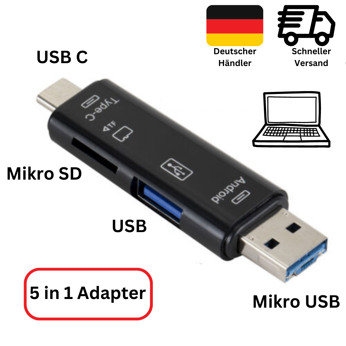 5 in 1 USB 3.0 Typ-C Kartenleser Speicherkartenleser Leser SD OTG Adapter Micro