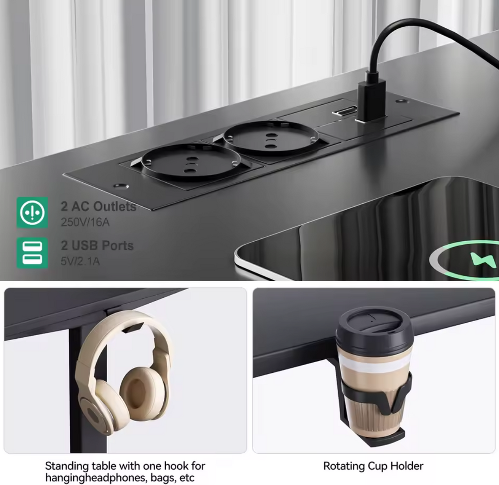 Höhenverstellbarer Eck Schreibtisch Tisch L-Form mit Steckdosen Cupholder