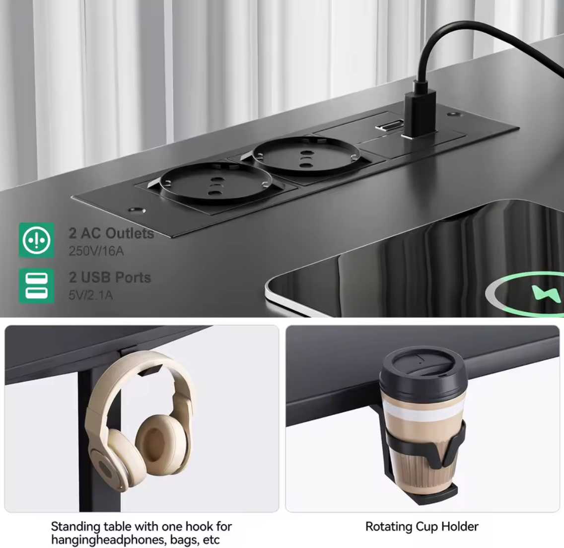 Höhenverstellbarer Eck Schreibtisch Tisch L-Form mit Steckdosen Cupholder