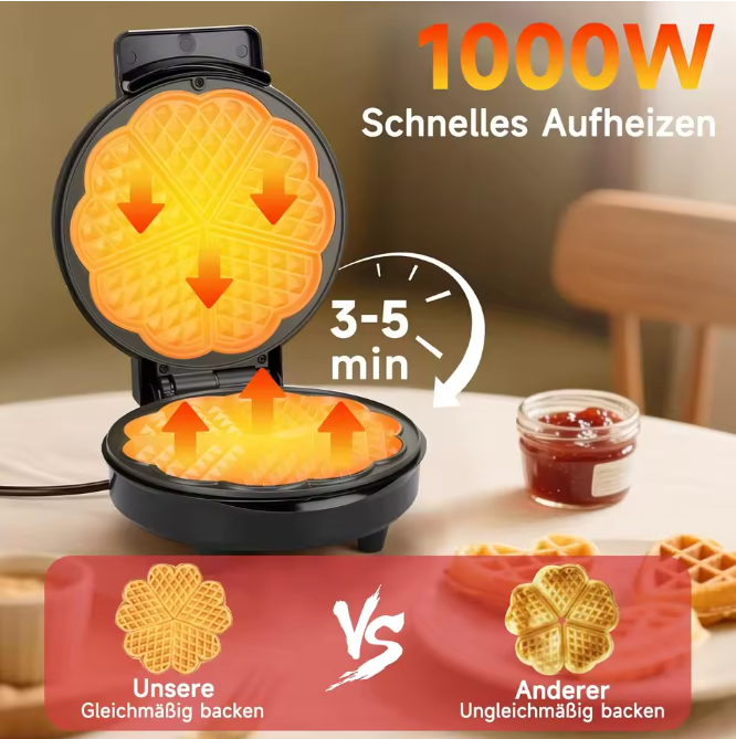 Waffeleisen Waffelautomat Waffelmaker Herzform Waffeln 1000 W Cool Touch