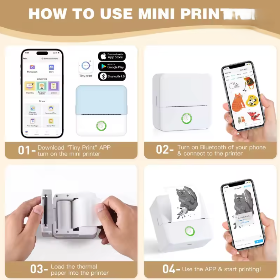 Mini Drucker Handy Bluetooth Fotodrucker Sticker Drucker Thermodrucker