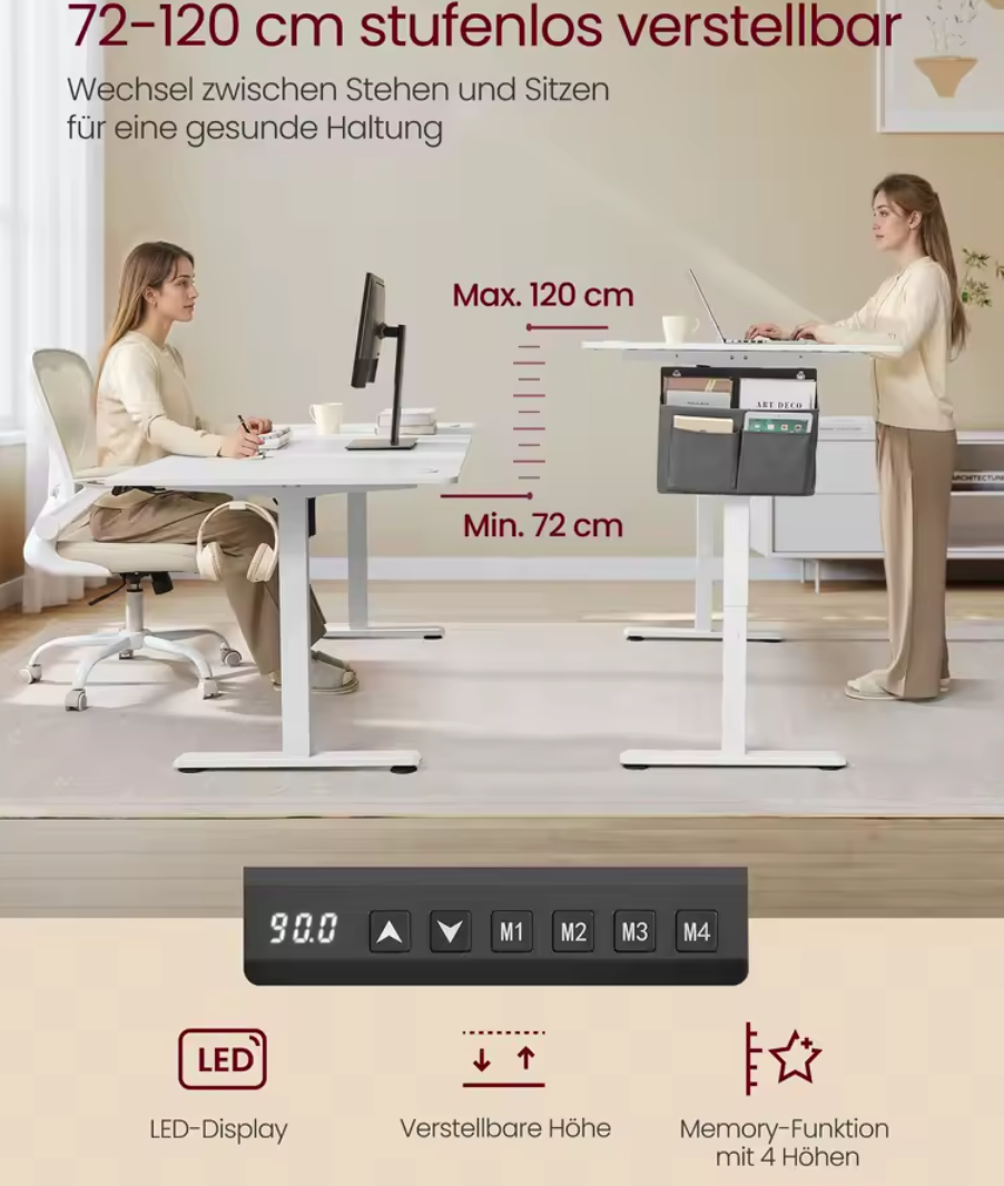 Höhenverstellbarer Schreibtisch Bürotisch elektrisch 4 fach Memory Funktion