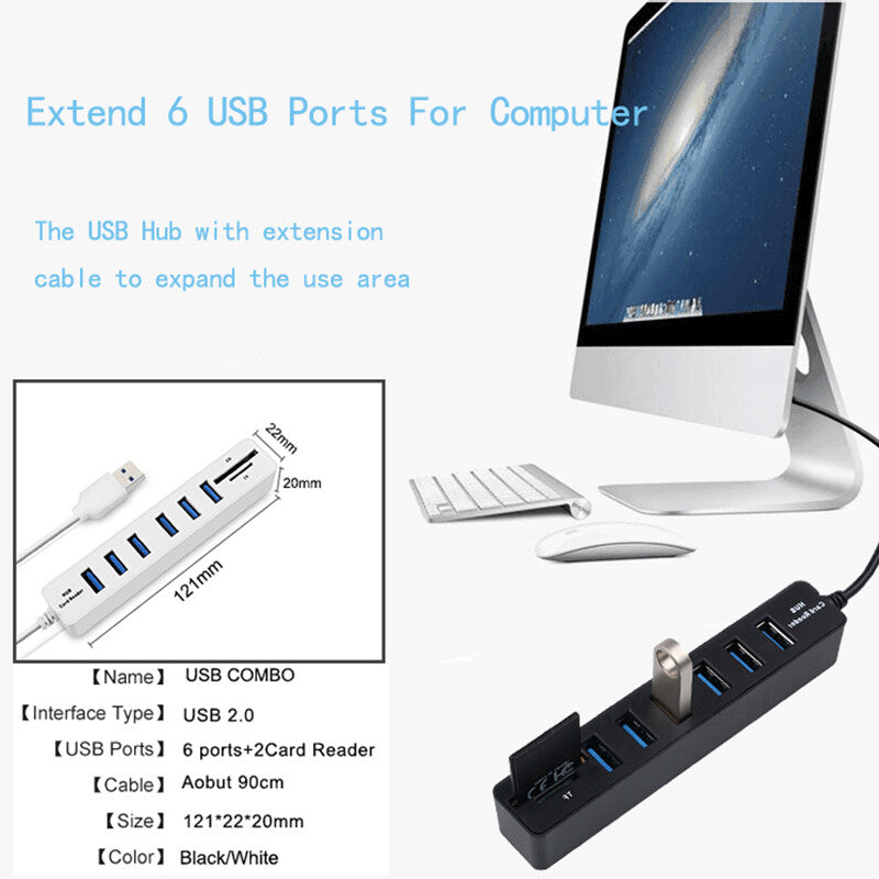 USB HUB 6 Port Adapter mit MicoSD & SD-Kartenleser Notebook Laptop PC Macbook