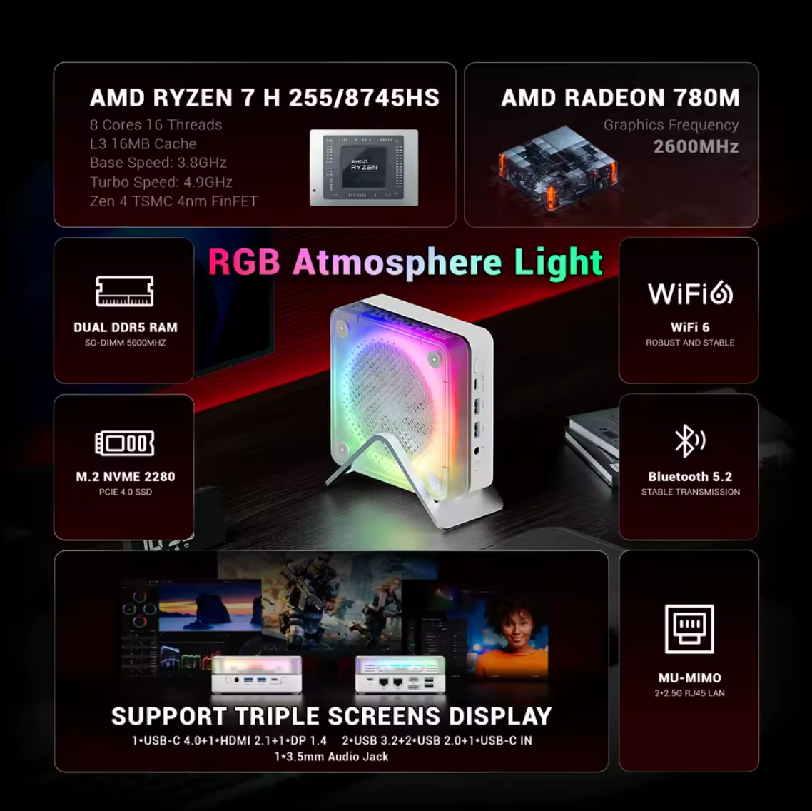 Firebat MN56 Mini PC mit AMD Ryzen 7 8745HS 16GB DDR5 512GB SSD M.2 Wifi 6