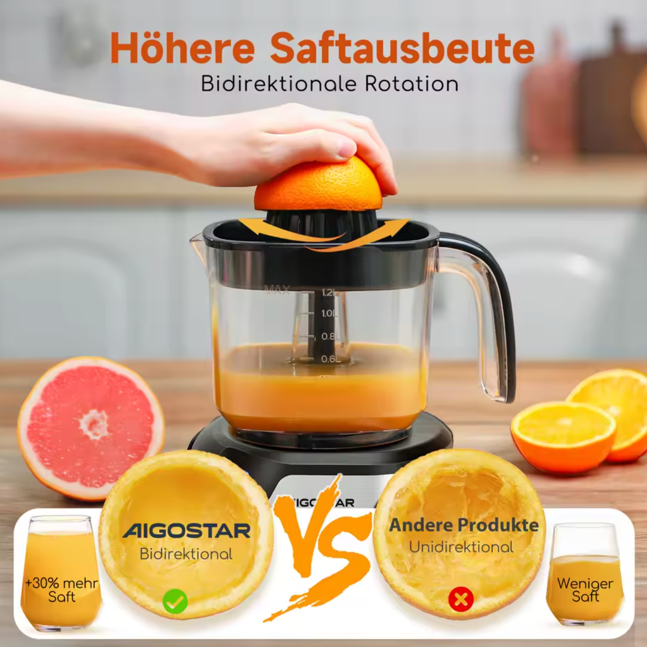 Elektrische Zitruspresse 1,2L Aigostar BPA Frei Automatische Zitronenpresse