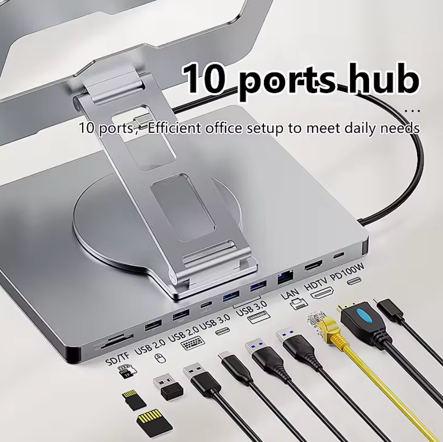 Aluminium 10-in-1 Laptopständer HUB mit SD/TF, USB, HDMI, PD100W 360° Drehbar
