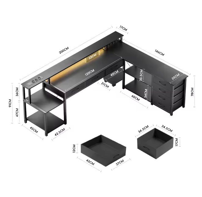 Schreibtisch mit RGB-Beleuchtung Ecktisch Gaming Tisch L-Form Ebenen Schubladen