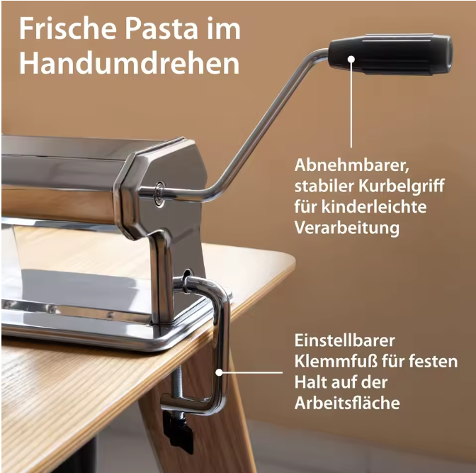 Nudelmaschine manuell Edelstahl Spaghetti Fettucine mit Walze 7 Nudelstärken
