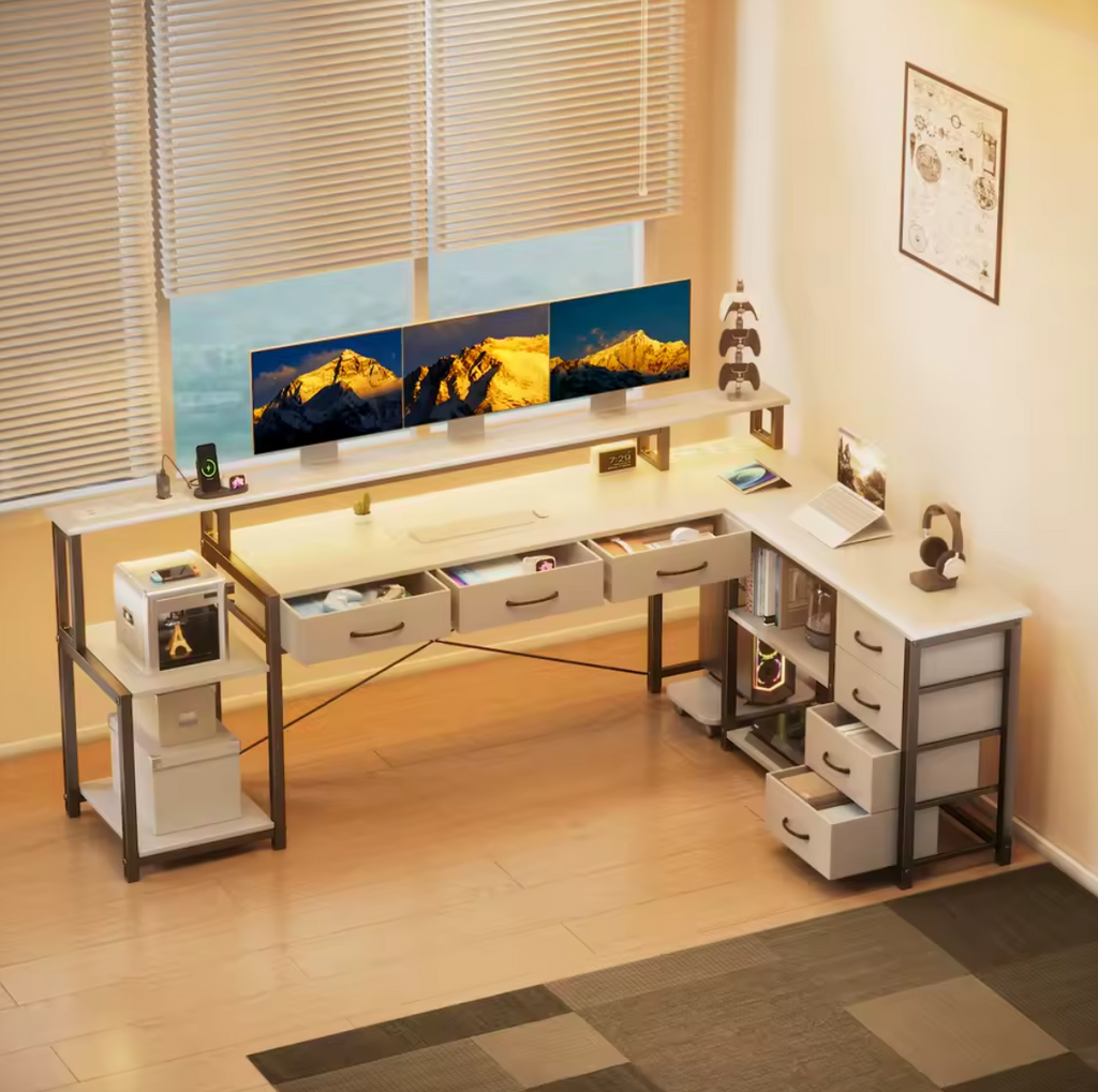 Eck Schreibtisch mit RGB-Beleuchtung Ecktisch Tisch L-Form Ebenen Schubladen