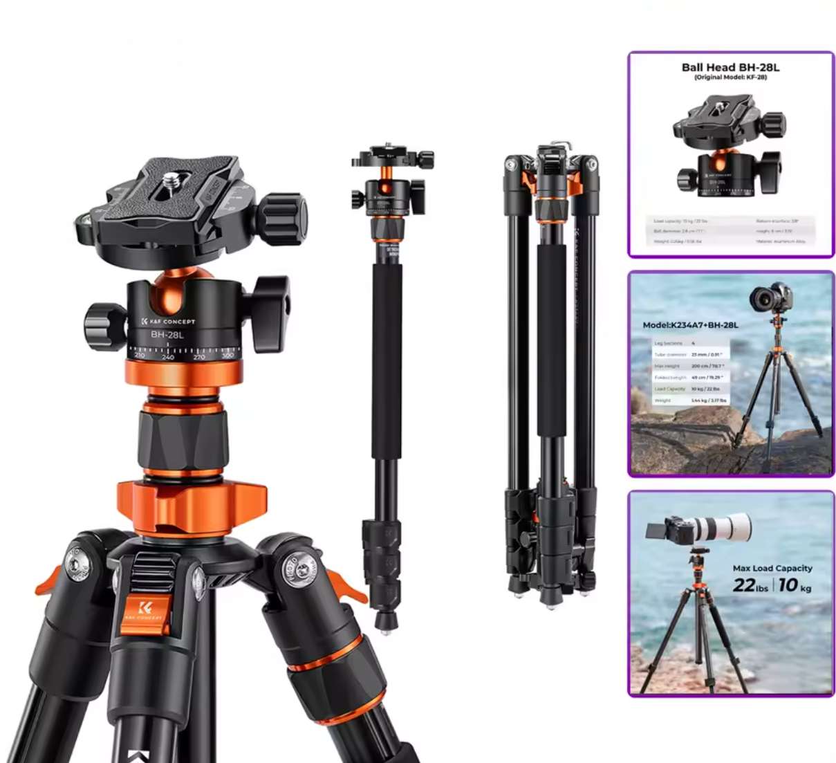 K&F Concept 2m Kamerastativ 10 kg Belastbarkeit 360° Grad Kugelkopf