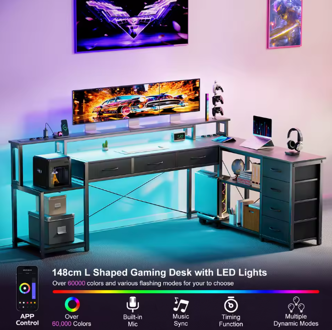 Schreibtisch mit RGB-Beleuchtung Ecktisch Gaming Tisch L-Form Ebenen Schubladen