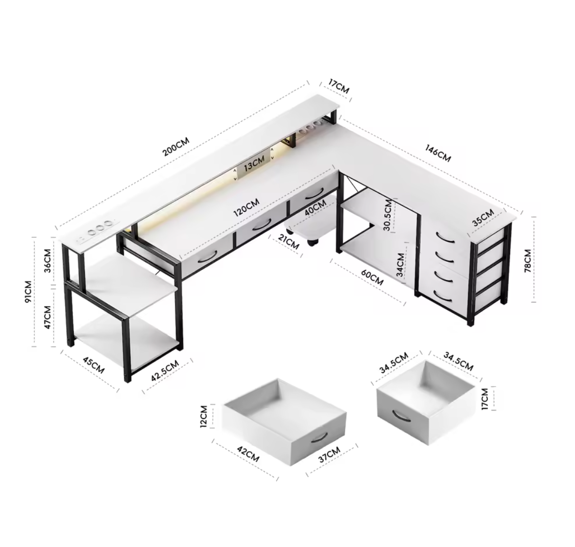 Eck Schreibtisch mit RGB-Beleuchtung Ecktisch Tisch L-Form Ebenen Schubladen